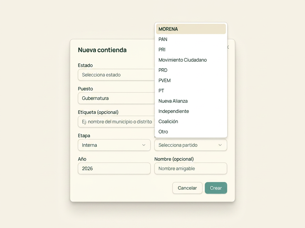 Diálogo de creación de un nuevo grupo de análisis con selección de estado, puesto, etapa y lista de participantes.